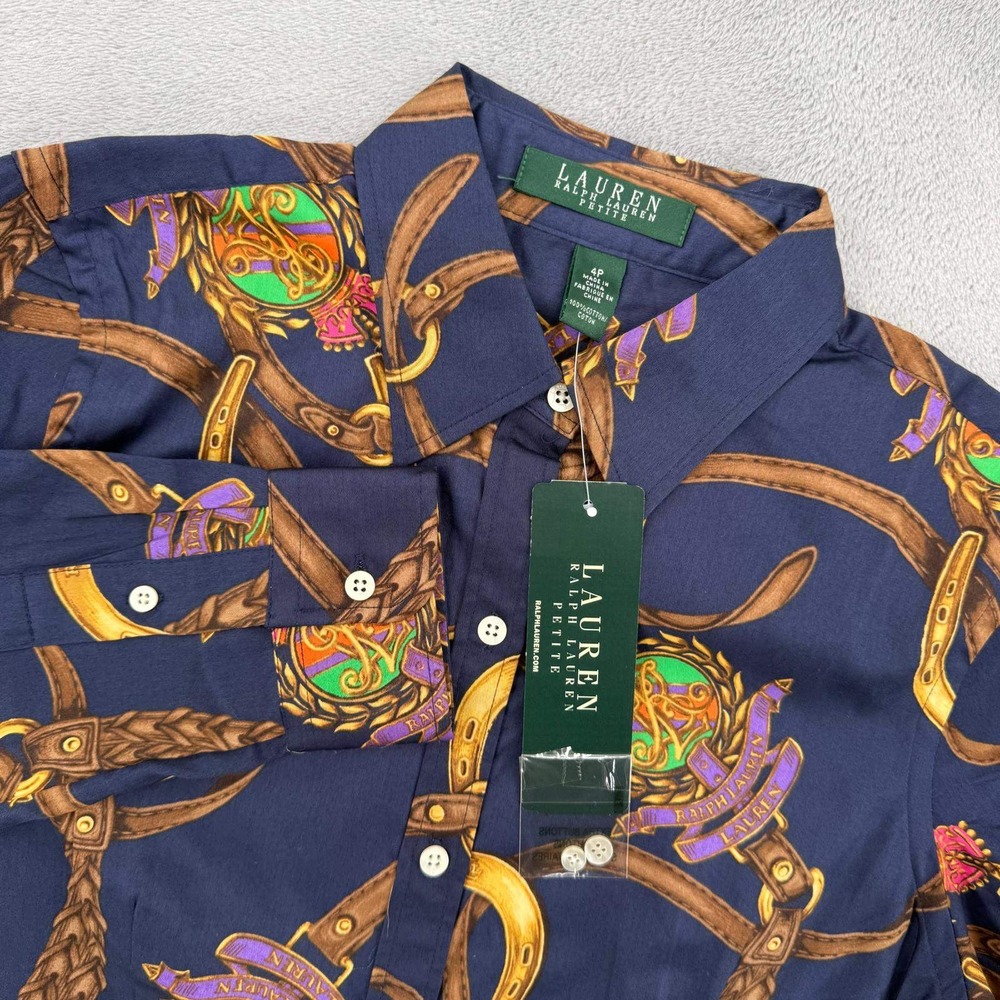 Lauren Ralph Lauren Petite Peplum Shirt Womens 4P Navy Equestrian Belt Print